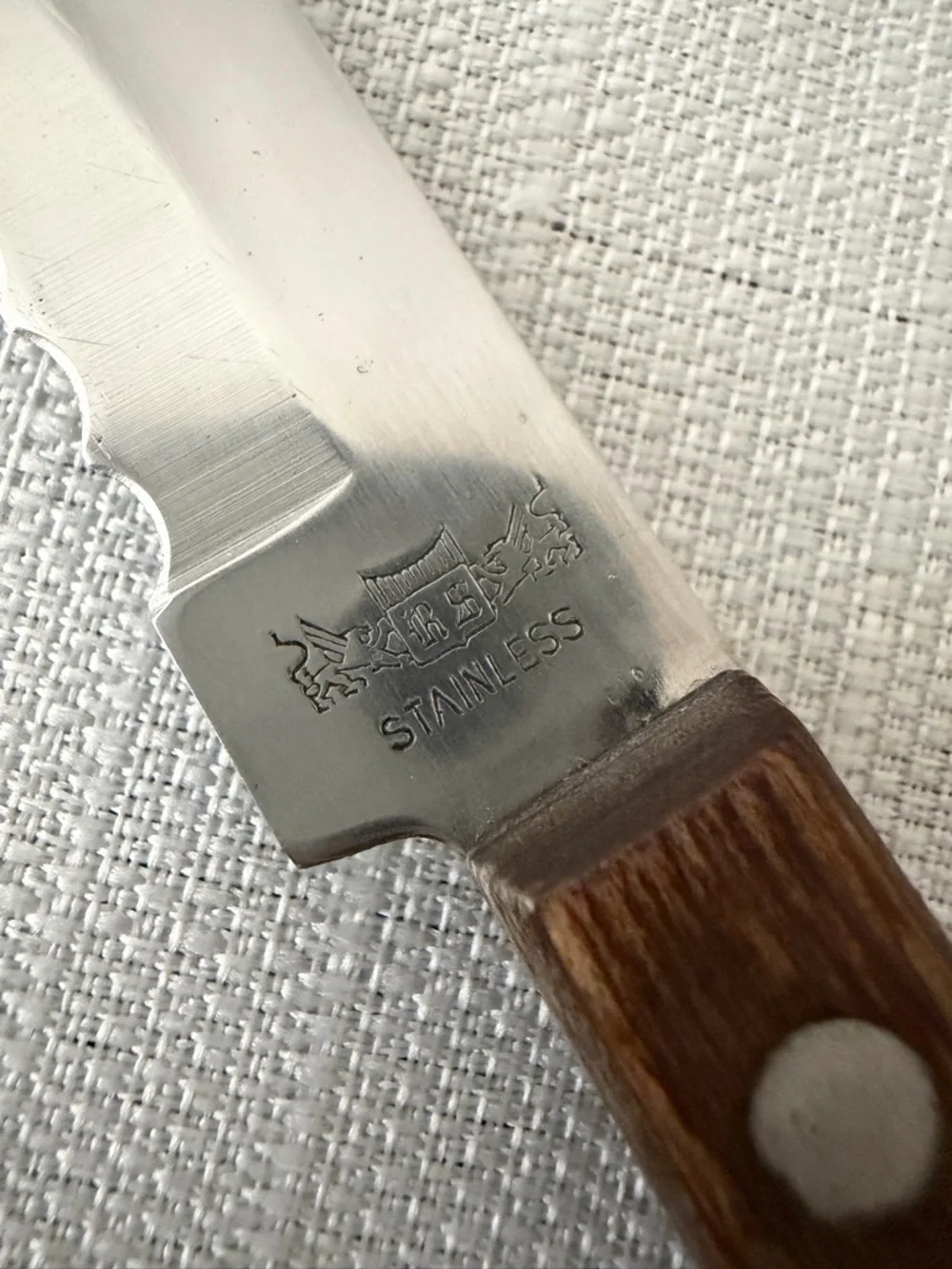 Vintage Stainless Serrated Knife Wood Handle R.S. Made in Japan Exc Cond (F144)